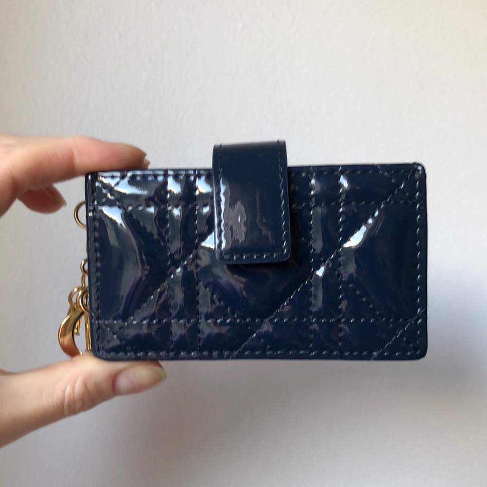 Christian Dior Lady Dior Jasmine Card Holder Wallet In Blue Patent Leather MK